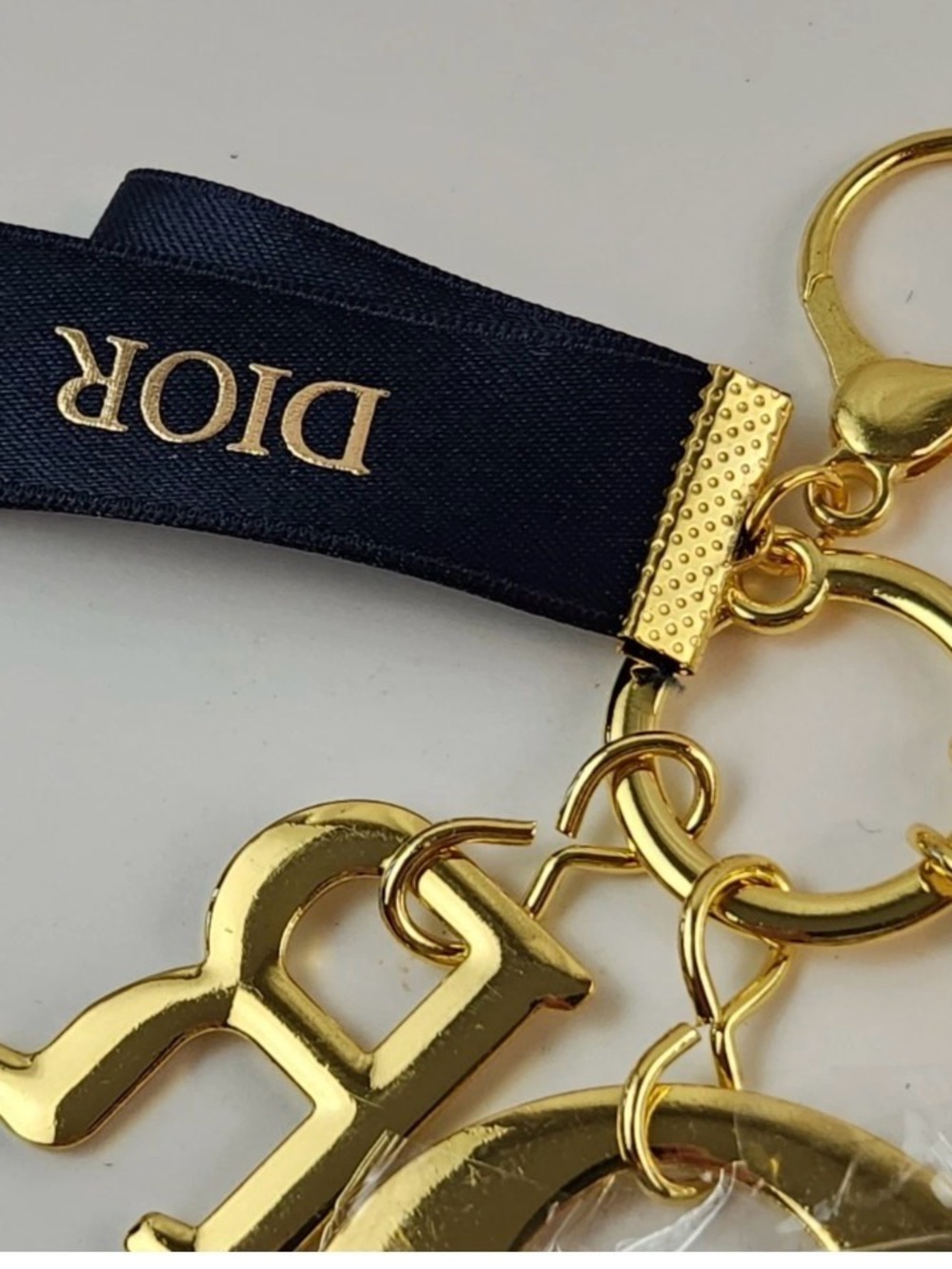 New Dior Gold Crystal Letter Charm Keyring with Navy Dior Ribbon - Picture 5 of 5